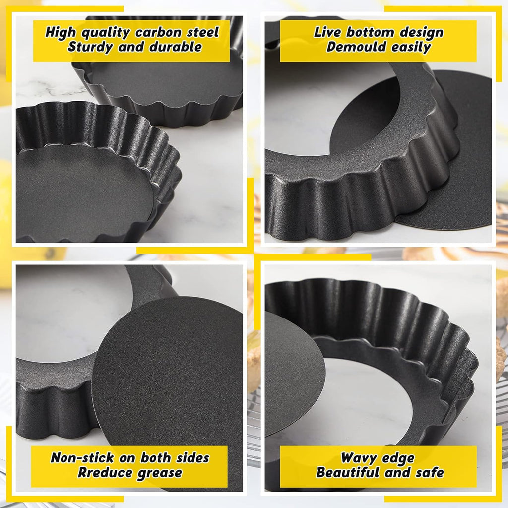 Tessco 16 Pieces Mini Tart Pans with Removable Bottom Nonstick Quiche Mini Pie Tart Pans Bakeware Mold Fluted Side for Pies(Black Gray Round,3 Inch)