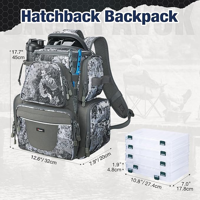 Piscifun Fishing Tackle Backpack with 4 Trays, Large Outdoor Storage Tackle Bag with Protective Rain Cover for Fishing Gear