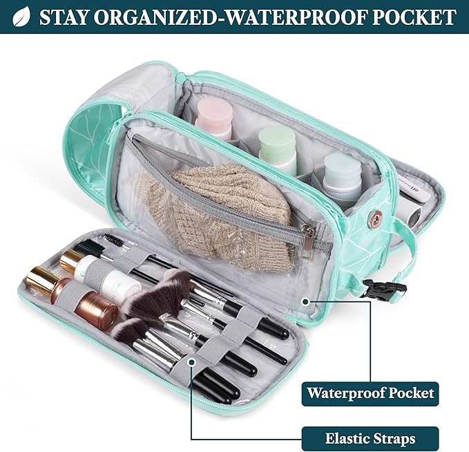 PAVILIA Large Toiletry Bag for Men Women, Mens Travel Bag Toiletries Organizer Case for Grooming, Travel Essentials Shaving Dopp Kit, PU Leather Water Resistant Cosmetic Pouch, Teal Chevron