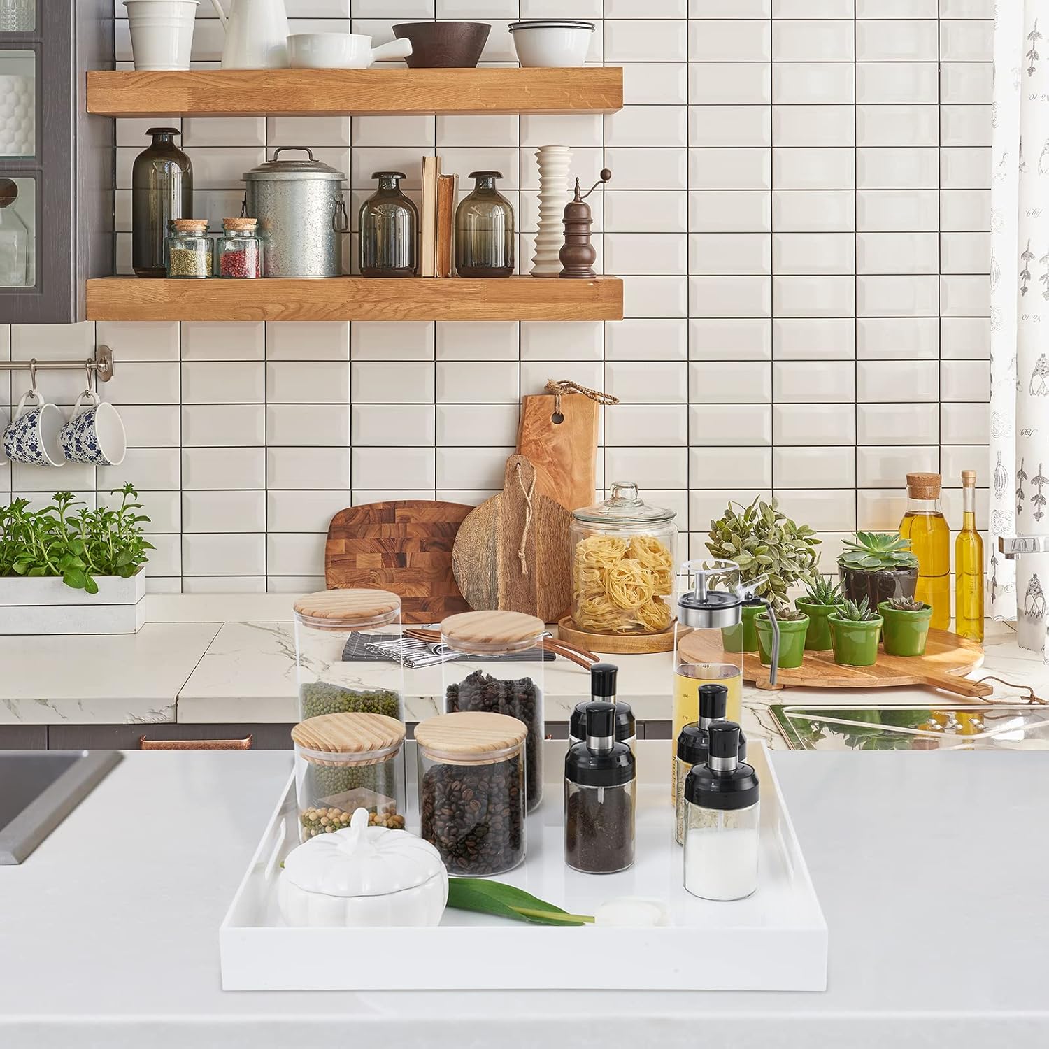 22×22 Inches Oversize Extra Large Sturdy Glossy White Acrylic Serving Tray King Size Decorative Big Ottoman Trays with Cut Out Handles Water Proof Bed Tray Coffee Counter Top Organizer