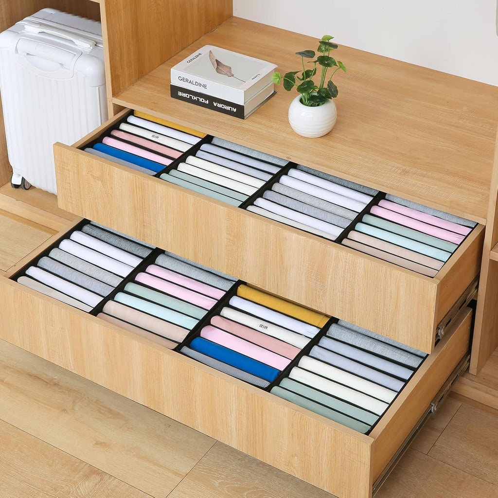 Qozary 4 Pack Drawer Organizers for Clothing, 8 Grids Foldable Closet Organizers and Storage Bins for Bedroom, Dresser Organizer Boxes for Thin T-shirts, Tank Tops (Black, Upgrade Height)