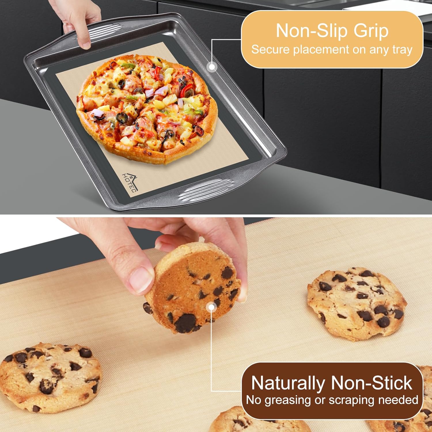 HOTEC Silicone Baking Mats 3 Pack – Non-Stick Reusable Silicone Baking Sheets for Oven – Cookie & Macaron Mats – 2 Half Sheet + 1 Quarter Sheet – BPA-Free, Dishwasher Safe