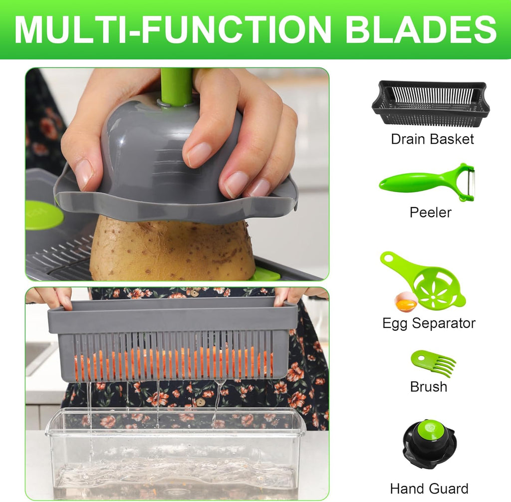 16 in 1 Mandoline Vegetable Food Chopper, Slicers and Vegetable Cutters, Multi Function Kitchen Veg Cutter for Onion Garlic Potato Salad, Veggie Chopper with Container and Draining Basket
