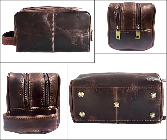 RUSTIC TOWN Leather Toiletry Bag for Men - Travel Shaving Dopp Kit - Bathroom Shower Toiletries Organizer - Leather Cosmetic Bag for Women (Walnut Brown)