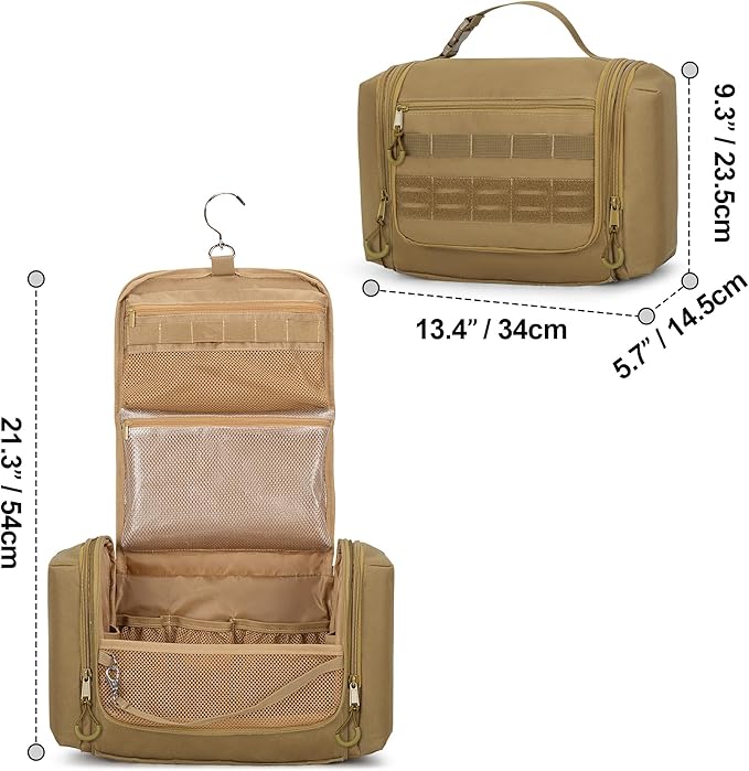 Tactical Toiletry Travel Bag for Men, Hanging Dopp Kit Hygiene Bag Shower Organizer with Hook for Toiletries and Shaving Care, Khaki (Empty Bag)