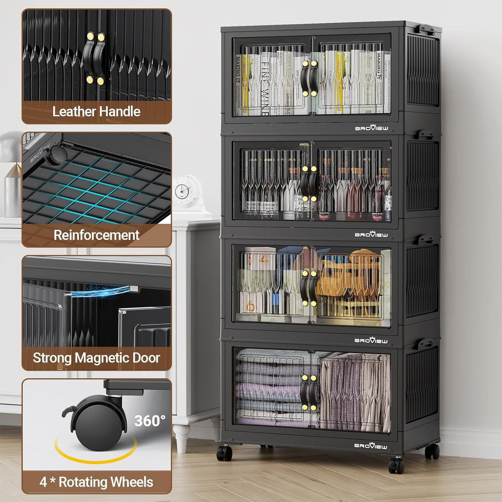 240Qt Stackable Storage Bins with Lid, Extra Large Closet Organizer Collapsible Drawer Boxes with Wheels, Folding Plastic Cabinet Containers for Home Kitchen Room Organization, 4Pack Black