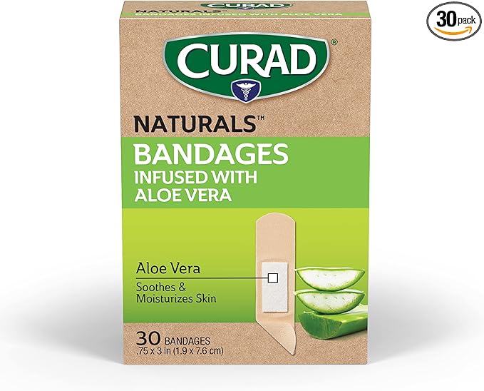 CURAD Naturals Aloe Vera & Vitamin E Bandages 0.75" x 3", Individually Wrapped Sterile Bandage, First Aid Kit Essential, Protects Scrapes and Cuts, Absorbent and Self-Adhesive, 30-Count Box