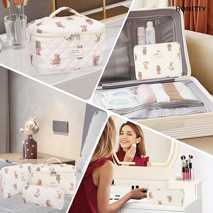 Makeup Bag,Quilted Cosmetic Bag,Large Floral Make Up Bag for Women,Cotton Makeup Bag Set,Flower Travel Toiletry Bag