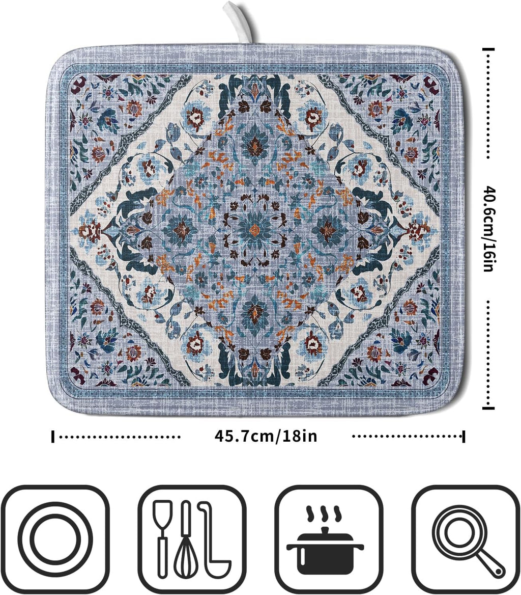 Boho Flower Dish Drying Mat Blue Bohemian Dishes Drainer Rack Mat 16x18 Inch Microfiber Kitchen Drying Pad for Countertop Tableware Decor