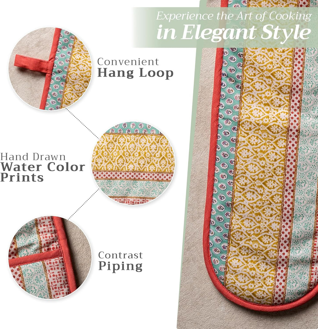 Maison d' Hermine Double Oven Mitts 100% Cotton 7"x35" Double Oven Mitt Heat Resistant BBQ Cooking Gloves with Loop, Baking, Grilling, Home, Kitchen, Handling Hot Pans Spring Summer (Provence)