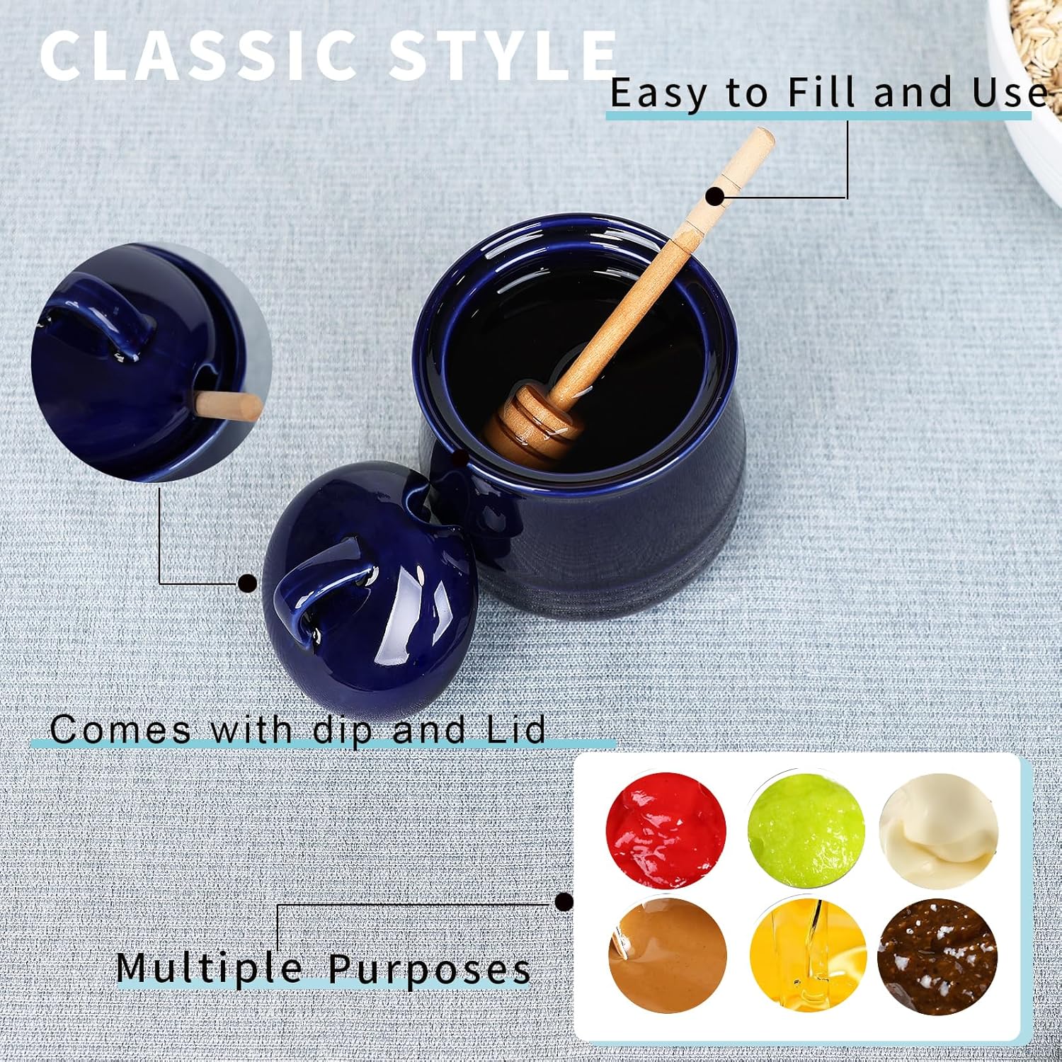 HAOTOP Ceramic Honey pot with Lid and Honey Dipper,Porcelain Honey Jar Easy to Clean and Dishwasher Safe,12oz (Navy)