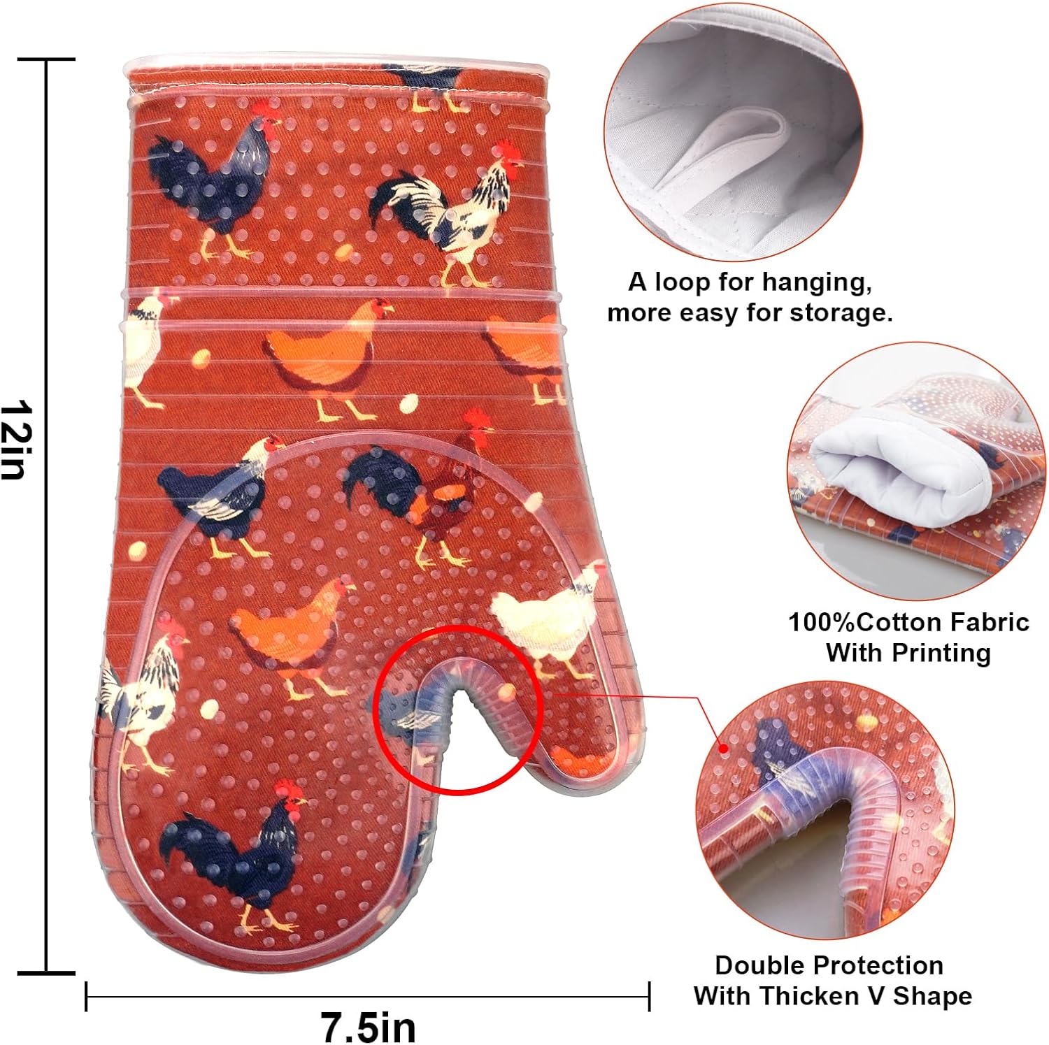 RED LMLDETA Oven Mitts Set of 2 with Transparent Clear Silicone Shell and Nice Shell Flower Cotton Lining, Heat Resistant to 500 F Kitchen Oven Gloves Pot Holder for Cooking (Rooster, Oven Mitts)