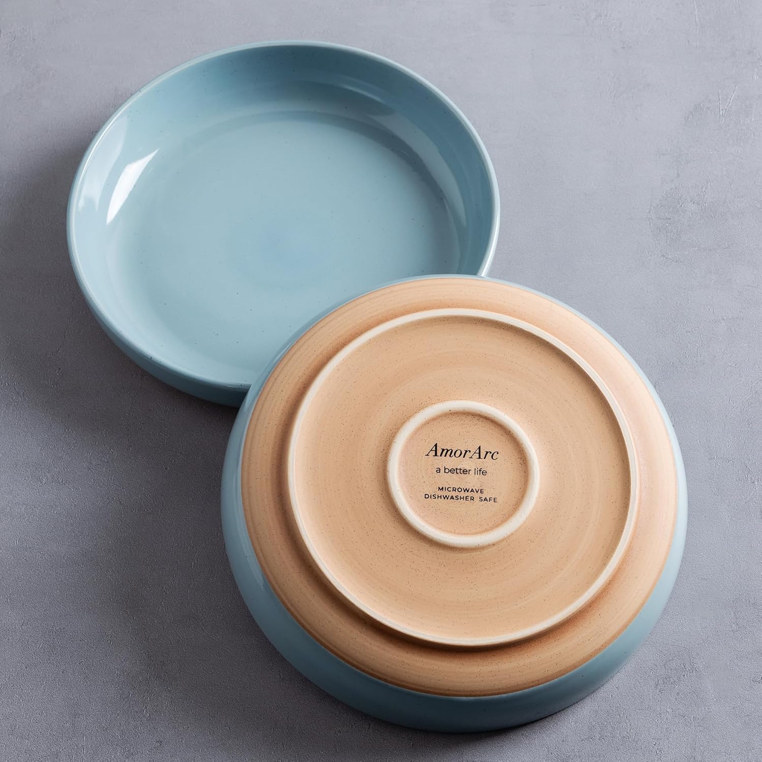 AmorArc 8.75'' Large Ceramic Pasta Bowls, 36oz Handpainted Stoneware Bowls Set of 4, Microwave&Dishwasher Safe Bowls with Rustic Terracotta Underside for Pasta Salad, Blue