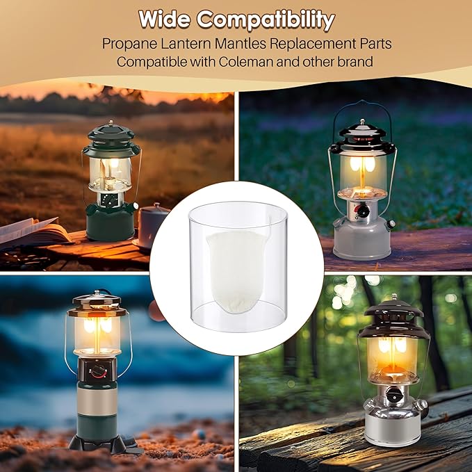 11 Pcs Propane Lantern Mantles with Glass Replacement Globe, Standard Lantern Replacement Parts U Shape & Mantles, Camp Lamp Mantle Compatible with Coleman Fuel Lamp for Outdoor Camping