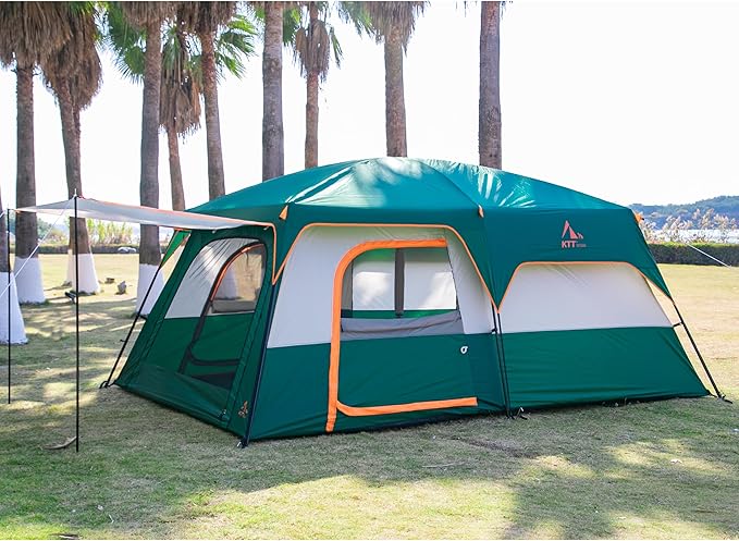 KTT Extra Large Tent 10-12-14 Person(A),Family Cabin Tents,2 Rooms,3 Doors and 3 Windows with Mesh,Straight Wall,Waterproof,Double Layer,Big Tent for Outdoor,Picnic,Camping,Family Gathering