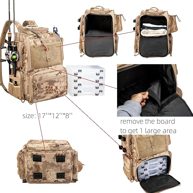 Rabjen Fishing Tackle Backpack with Rod Holders, Bottle Holder, Storage Bag Store Fishing Gear