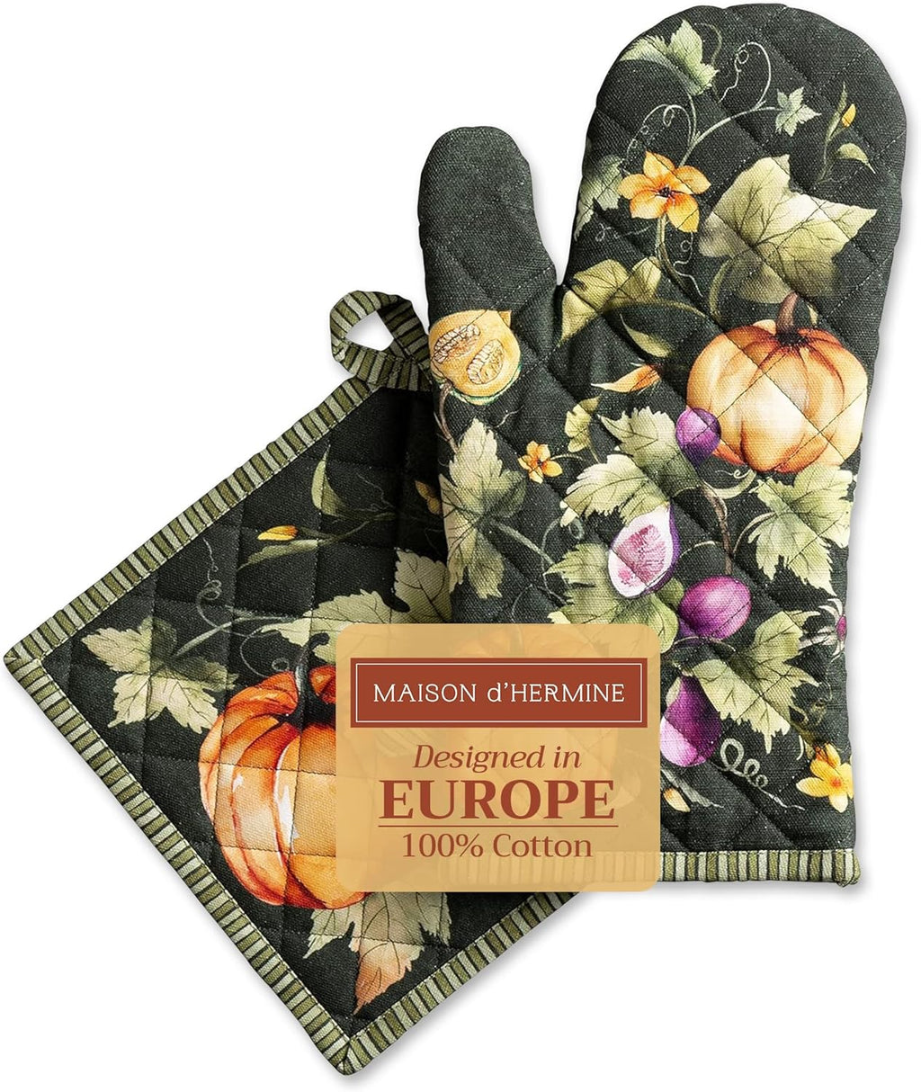Maison d' Hermine 100% Cotton Oven Mitt & Pot Holder Set (7.5"x13" & 8"x8") Heat Resistant BBQ Cooking Gloves with Loop, Baking, Grilling, Kitchen, Handling Hot Pans (Pumpkin Garden - Dark Green)