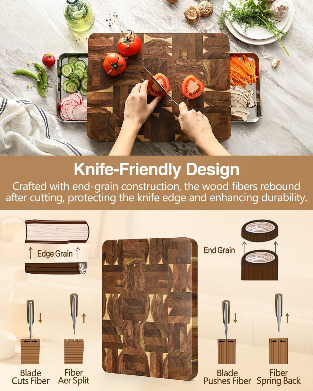 XINZUO Large Thick End Grain Acacia Wood Cutting Board -(16‘’L x 12''W x 1.6''T)-Dark Wood Cutting Board,Reversible Wooden Chopping Board with Non-Slip Feet-Catches Food and Waste-Giftbox