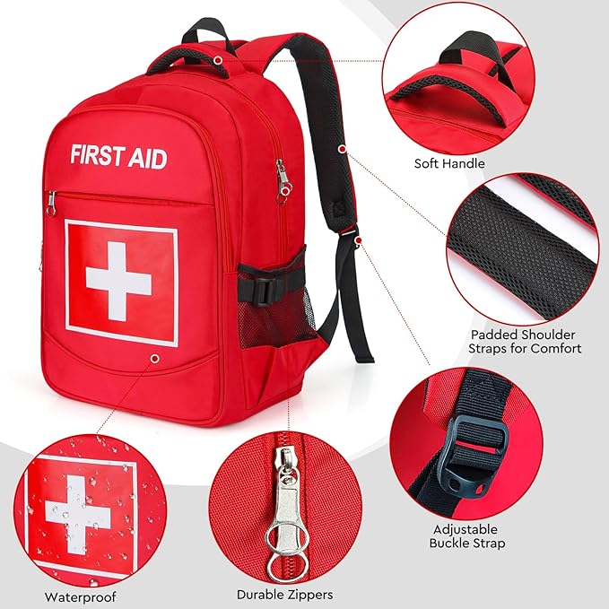First Aid Backpack with Multi-Pocket, Emergency Medical Backpack, Large Capacity & Water-proof, Empty First Aid Bag for Home Office EMT Paramedics, Red