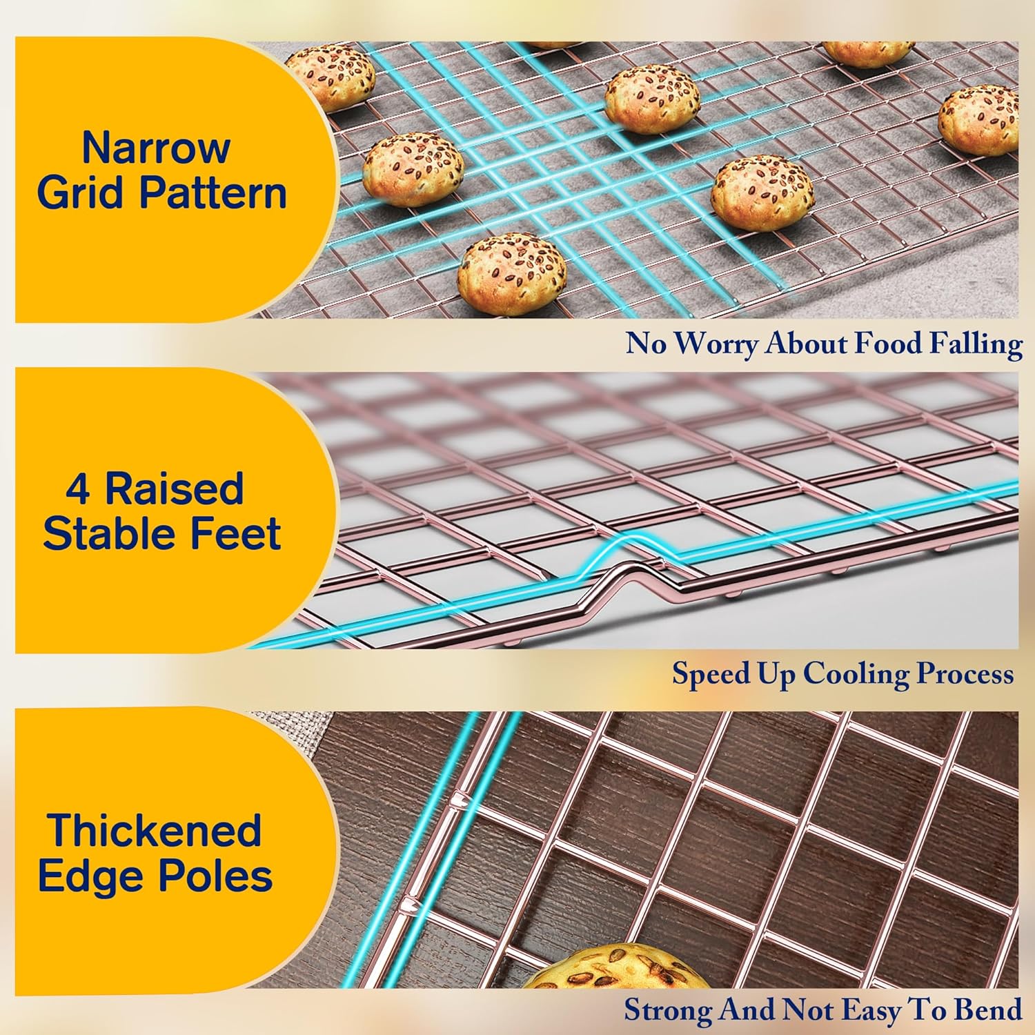 2PCS Cooling Racks for Cooking and Baking - 10" x 16"Heavy Duty Stainless Steel Wire Rack for Baking, Grilling, Roasting - Oven & Dishwasher Safe - Fits Half Sheet Pan（Rose Gold）