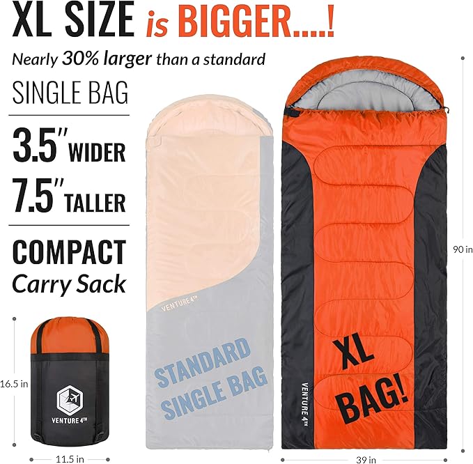 VENTURE 4TH Backpacking Sleeping Bag – XXL, Double and Single Sizes - Lightweight Warm & Cold Weather Sleeping Bags for Adults, Kids & Couples – Ideal for Hiking, Camping & Outdoor Adventures