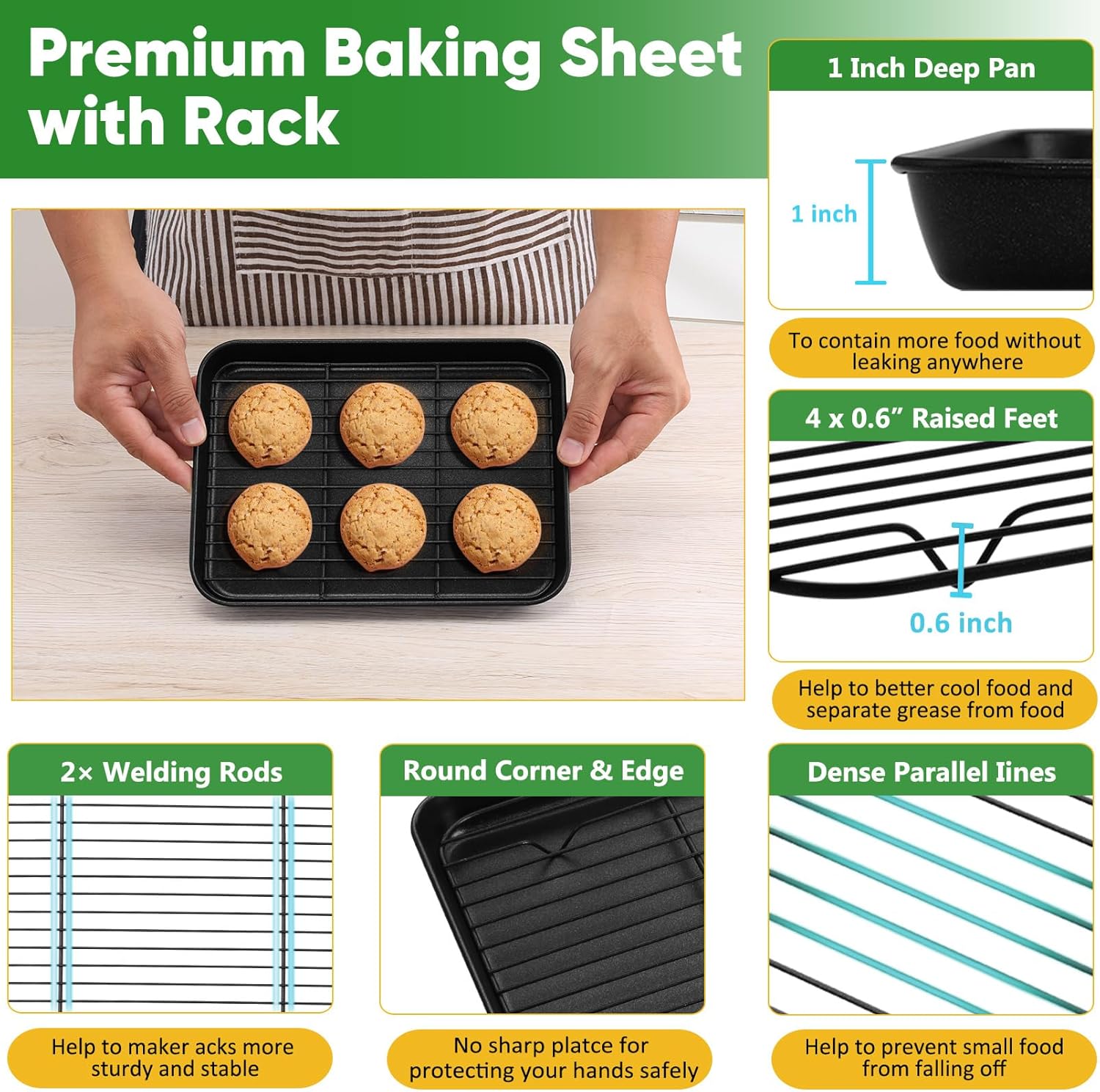 P&P CHEF Baking Oven Sheet Pan with Rack for Cookie, Nonstick Oven Tray and Cooling Rack for Baking & Roasting, Easy Clean, Black, 9.3 x 7 Inch