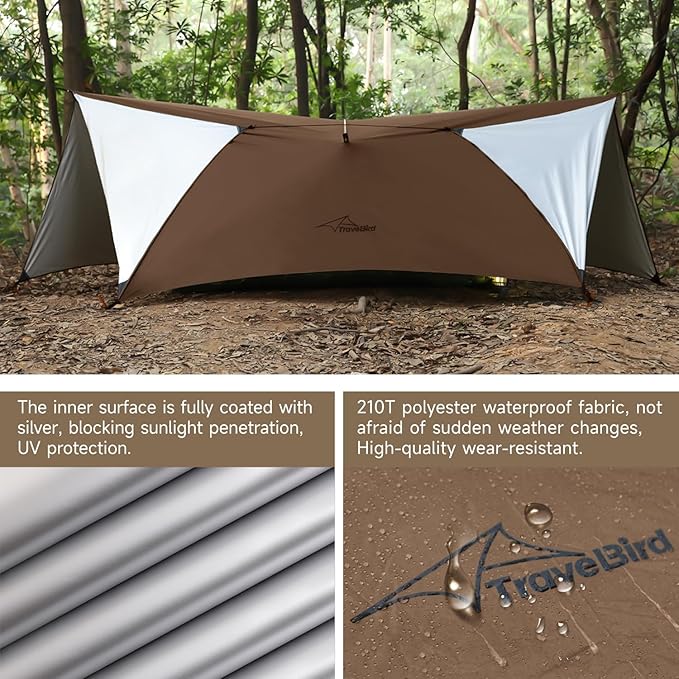 Ultralight Tarp, 14ft Hammock Rain Fly Lightweight Waterproof Camping Tent Tarp with Doors, Bushcraft Tarp Shelter for Backpacking Hiking Camping