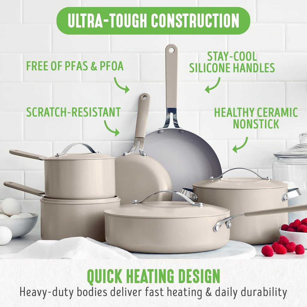 GreenLife 10-Piece Nonstick Ceramic Cookware Set, Lightweight Healthy PFAS-Free Pots & Pans with Lids, Dishwasher & Oven Safe, Durable Body, Silicone Stay-Cool Handles, Easy Release, Taupe