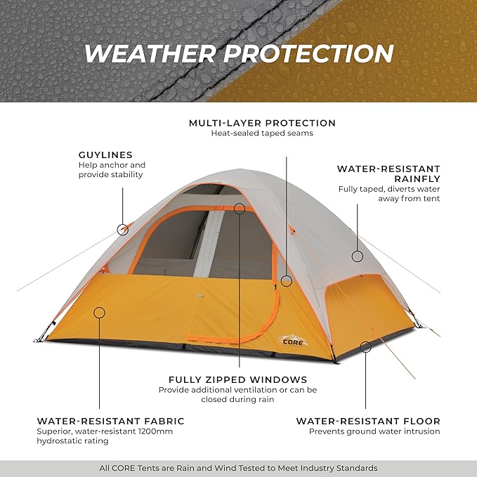 CORE Tent for Family Camping, Hiking and Backpacking | 3 Person / 4 Person / 6 Person / 9 Person Person Dome Camp Tents with Included Tent Gear Loft for Outdoor Accessories