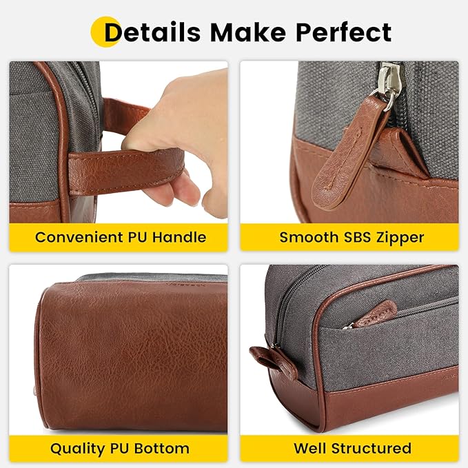 Vorspack Travel Toiletry Bag - Canvas Toiletry Bag for Men Water Resistant Skincare Bag Dopp Kit for Bathroom Toiletries Accessories Gifts - Grey