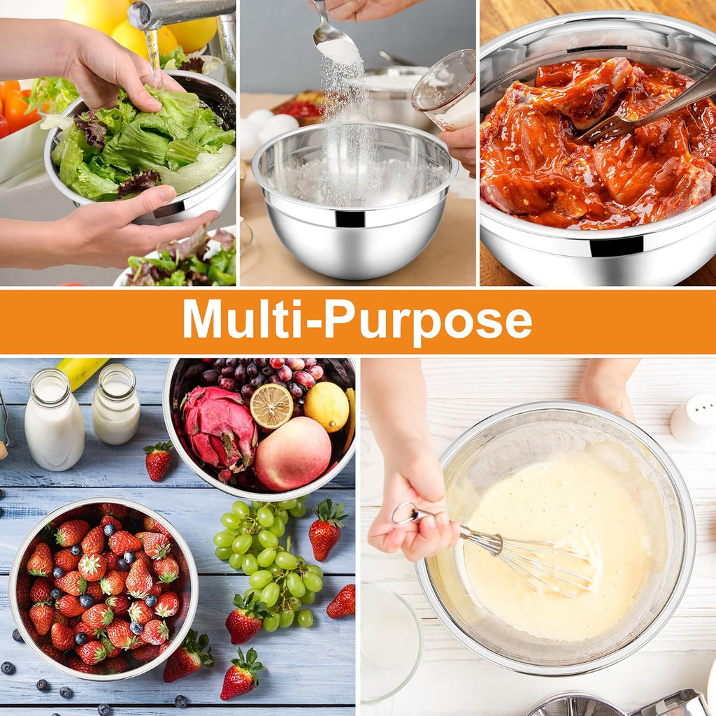 E-far Mixing Bowls with Lids, 12-Piece Stainless Steel Salad Bowls Metal Nesting Bowls for Baking Cooking and Prepping, Airtight Lids & Stackable Design, Size 7, 4.5, 3, 1.5, 1.2, 0.7 QT (Colorful)