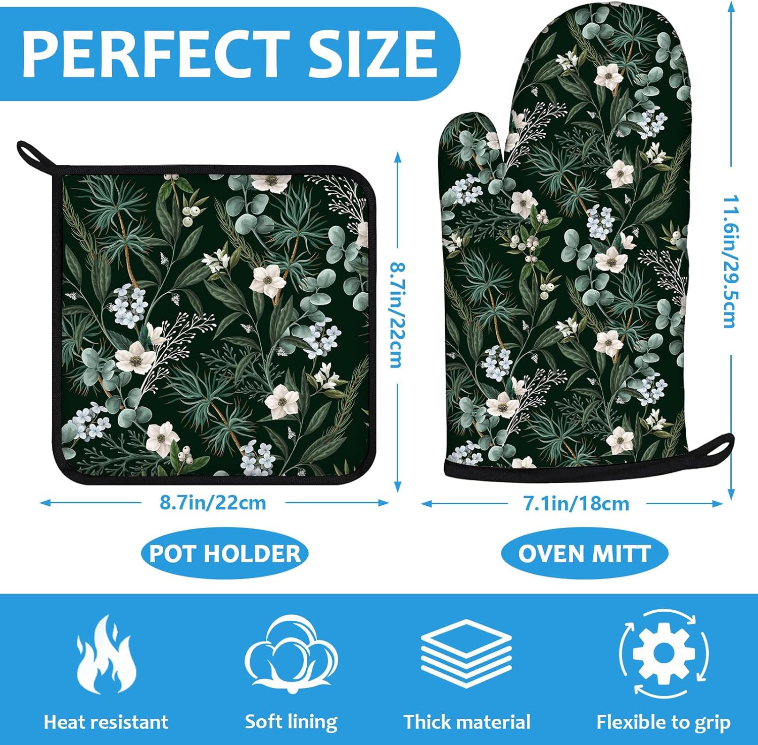 Botanical Print FloralOven Mitts and Pot Holders Sets Heat Resistant 4Pcs Potholders Oven Gloves Hot Pads for Kitchen Baking Cooking Grilling BBQ