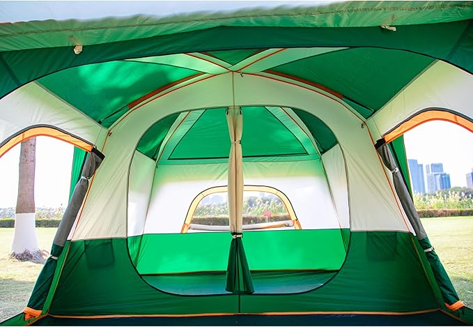 KTT Extra Large Tent 10-12-14 Person(B),Family Cabin Tents,2 Rooms,3 Doors and 3 Windows with Mesh,Straight Wall,Waterproof,Double Layer,Big Tent for Outdoor,Picnic,Camping,Family Gathering