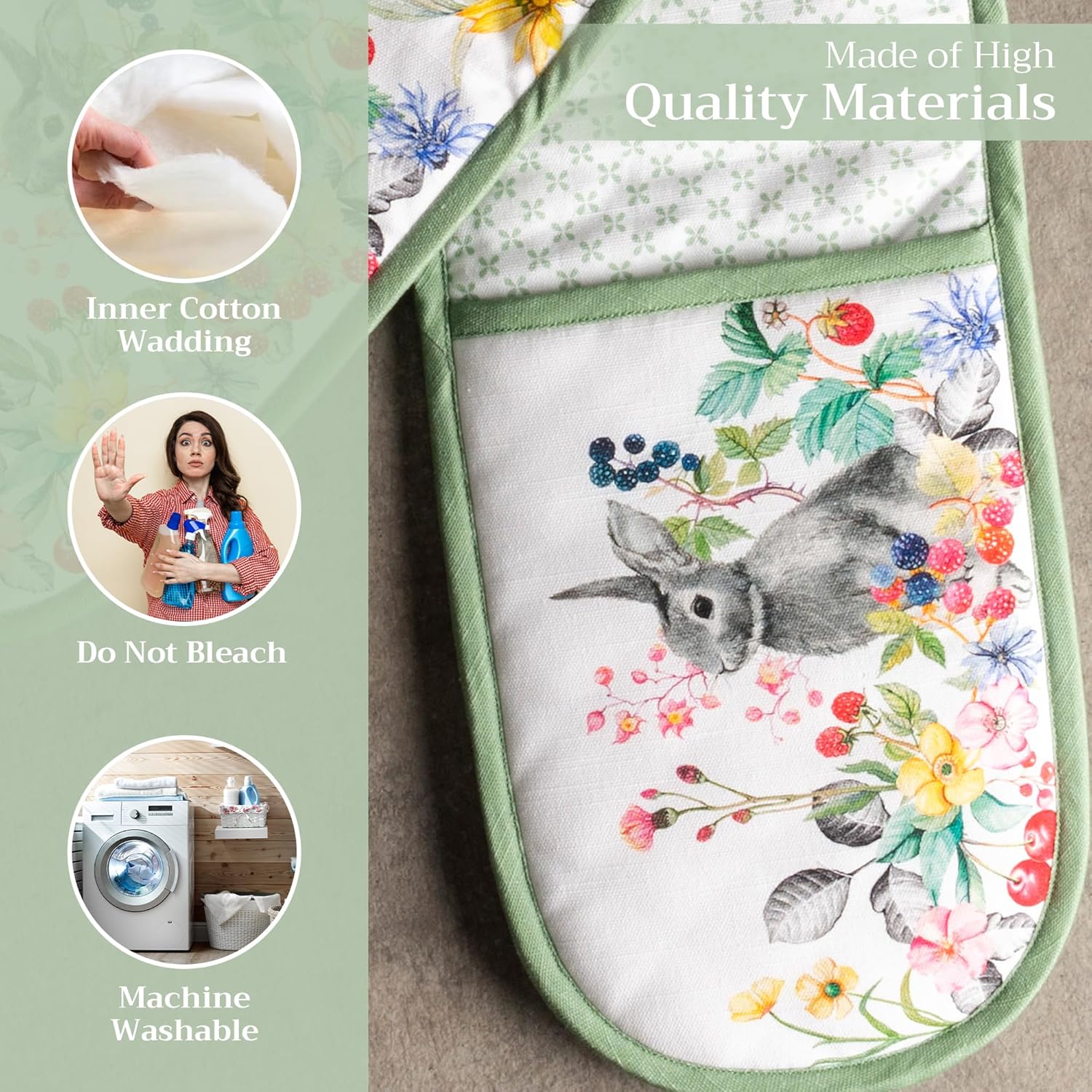 Maison d' Hermine Double Oven Mitts 100% Cotton 7"x35" Double Oven Mitt Heat Resistant BBQ Cooking Gloves with Loop, Baking, Grilling, Home, Kitchen, Handling Hot Pans Spring Summer (Printemps)