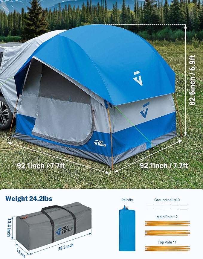 JOYTUTUS SUV Tent for Camping with Rainfly, Double Door Design Car Tent with Aluminum Poles, SUV Tailgate Tent with Waterproof PU2000mm Double Layer for 6-8 Person, Blue