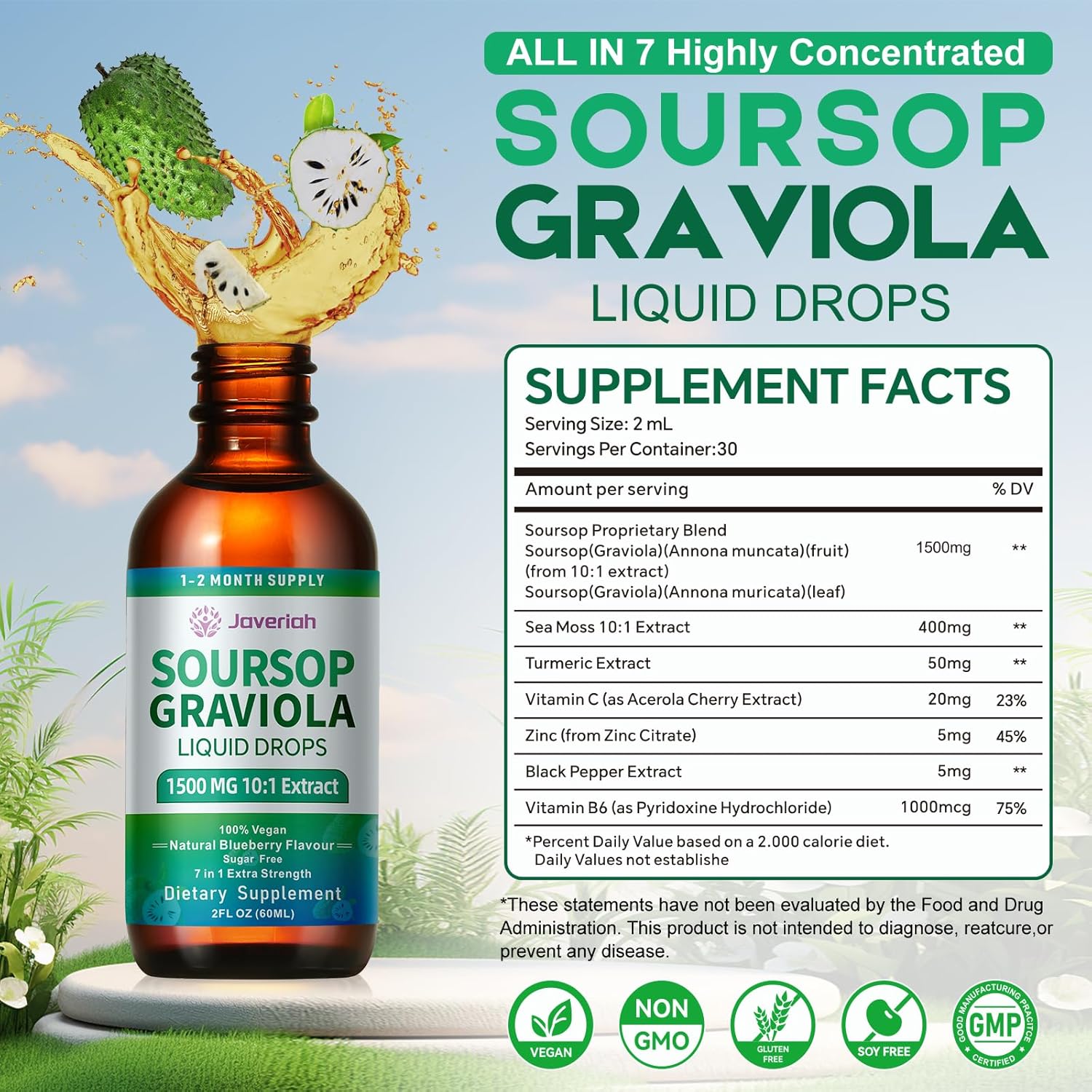 2 Pack Soursop Graviola Leaf Extract Liquid Drops Supplement with Irish Sea Moss & Turmeric for Cellular Support, Immune System Boost, Liver Health, Soursop Bitters Liquid 60-Day Supply 4 FL OZ
