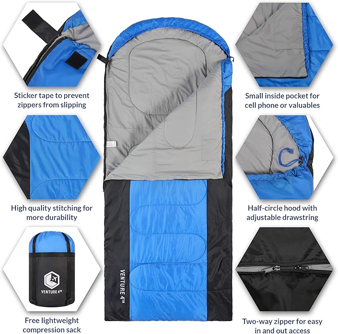 VENTURE 4TH Backpacking Sleeping Bag – XXL, Double and Single Sizes - Lightweight Warm & Cold Weather Sleeping Bags for Adults, Kids & Couples – Ideal for Hiking, Camping & Outdoor Adventures