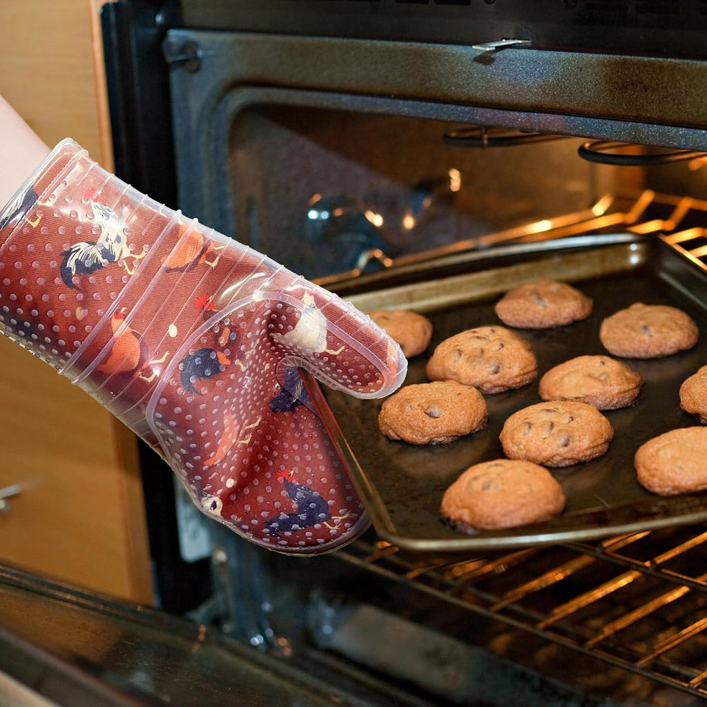 RED LMLDETA Oven Mitts Set of 2 with Transparent Clear Silicone Shell and Nice Shell Flower Cotton Lining, Heat Resistant to 500 F Kitchen Oven Gloves Pot Holder for Cooking (Rooster, Oven Mitts)