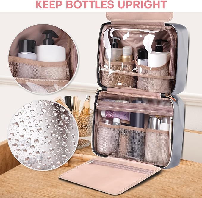 Travel Size Toiletry Bag for Women, Portable Cosmetic Bag with Hanging Hook, Travel Essentials Water-resistant Makeup Organizer for Accessories, Shampoo, Full-size Container, Toiletries