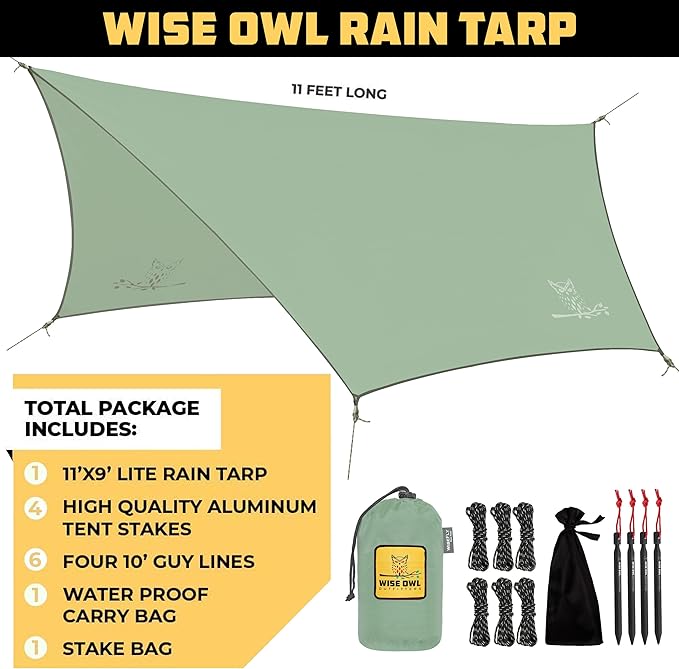 Wise Owl Outfitters Hammock Tarp, Hammock Tent - Rain Tarp for Camping Hammock - Camping Gear Must Haves w/Easy Set Up Including Tent Stakes and Carry Bag