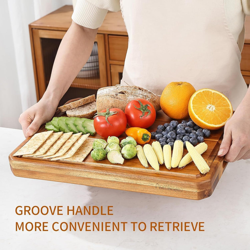 Large wood Cutting Board for Kitchen with Juice Handles ， Chopping Board Cheese Charcuterie Board (Striped cutting board)