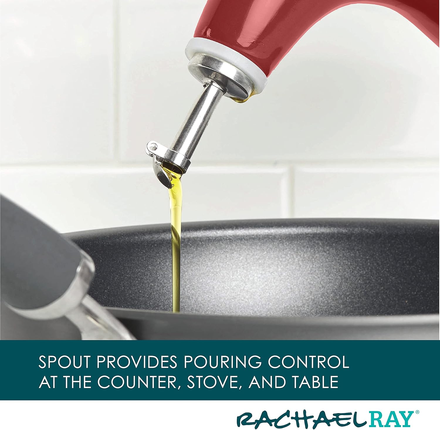 Rachael Ray Ceramic EVOO Oil and Vinegar Dispensing Bottle with Spout, 24 Ounce - Cranberry Red