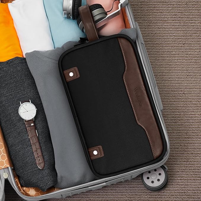 Wedama Toiletry Bag for Men, Large Hanging Travel Toiletry Bag, Extra Electronic Organizer Bag Waterproof Shaving Bag for Toiletries with PU Handle for Travel Business Trips Swim Camping, Black&Brown