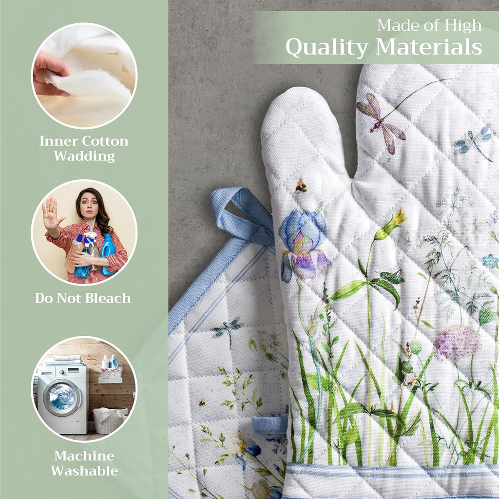 Maison d' Hermine 100% Cotton Oven Mitt & Pot Holder Set (7.5"x13" & 8"x8") Heat Resistant BBQ Cooking Gloves with Loop, Baking, Grilling, Kitchen, Handling Hot Pans Spring/Summer (Fleurs De Mai)