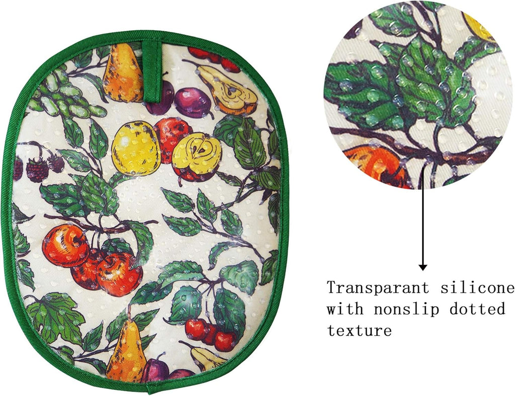 Pot Holders Set of 2 with Transparent Clear Silicone Shell and Nice Fruit Flower Cotton Lining, Heat Resistant to 500 F Kitchen Oven Gloves Pot Holder for Cooking (Fruit Flower, Potholders)