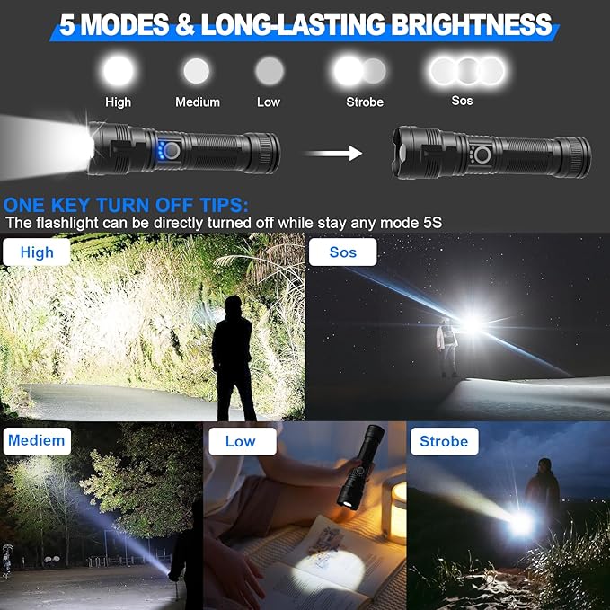 Rechargeable Tactical Flashlights High Lumens,100,000 Lumens Super Bright LED Flashlight,Powerful Flash Light with 5 Modes,Waterproof,Power Handheld Flashlight for Emergency,Camping,Hurricane,Hiking