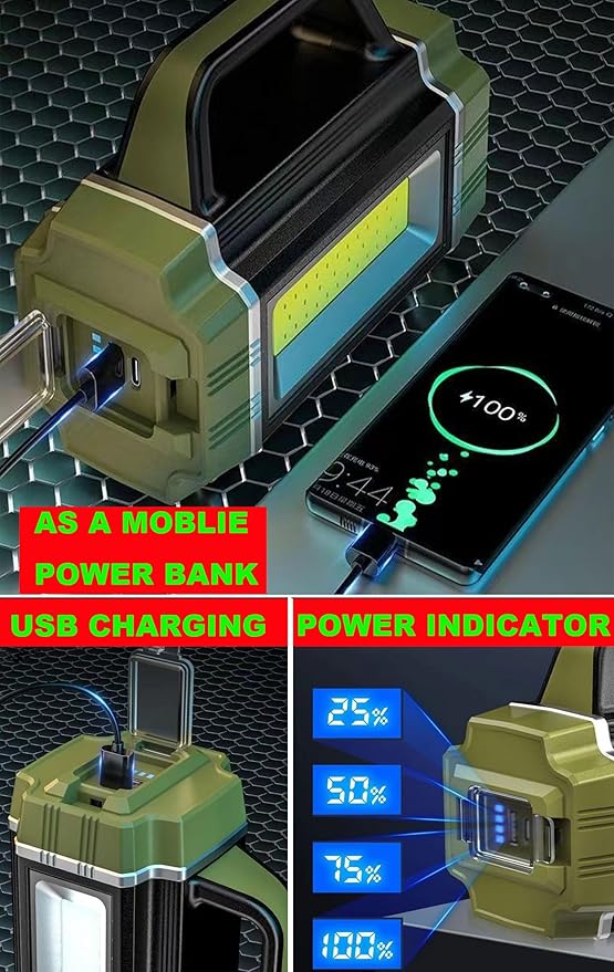 Rechargeable Solar LED Spotlight, Super Bright 13000LM Handheld LED Searchlight, Multi Function Camping Lantern Flashlight, 6 Light Modes, Power Bank, IPX4 Waterproof, for Emergency, Hiking, Home