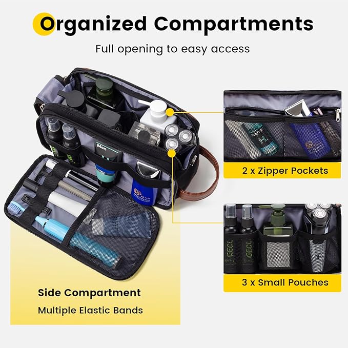 Vorspack Travel Toiletry Bag for Men - Canvas Dopp Kit Water Resistant Skincare Bag Large Shaving Bag for Bathroom Toiletries Accessories Gifts - Black