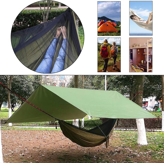 Oversized rain Tarpaulin,Camping Hammock with Mosquito Net Rain Fly Heavy Duty Tree Strap,Single Double Hammock Tent Waterproof Rainfly Set,Camping Backpacking Backyard Patio Hiking Travel Outdoor
