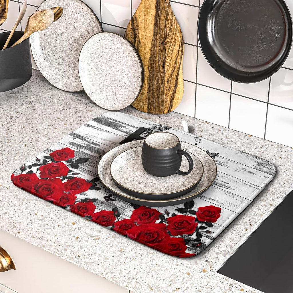 Red Rose Dish Drying Mat 16x18 inch Romantic Floral Absorbent Microfiber Sink Counter Dishware Drainer Pad for Kitchen Coffee Bar Decor
